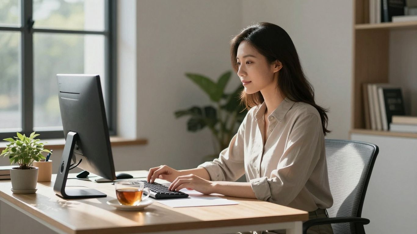 Frau lebt stressfrei mit Struktur am Schreibtisch.
