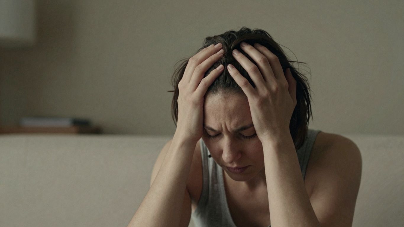 Person mit Kopf in Händen, Augen geschlossen, nachdenklich.