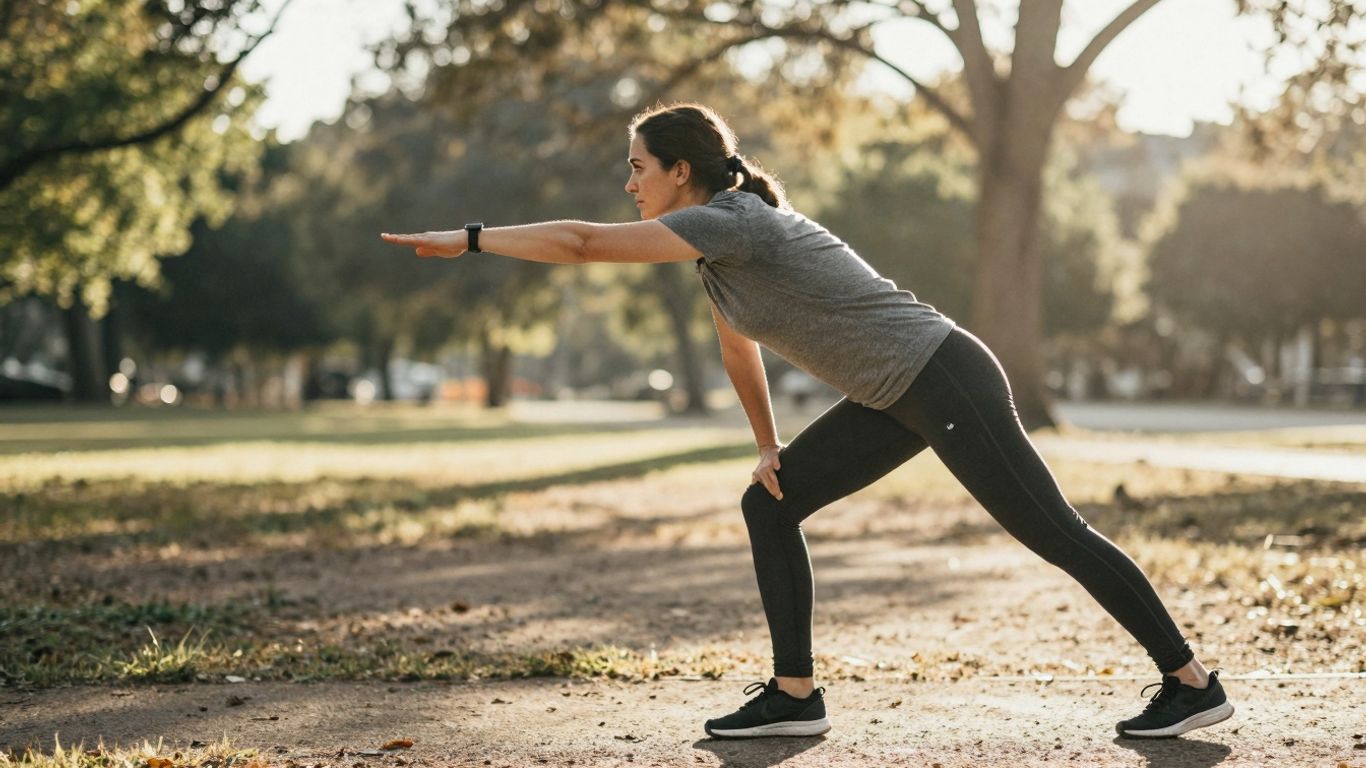 Person dehnt sich im Freien, sonniger Tag.