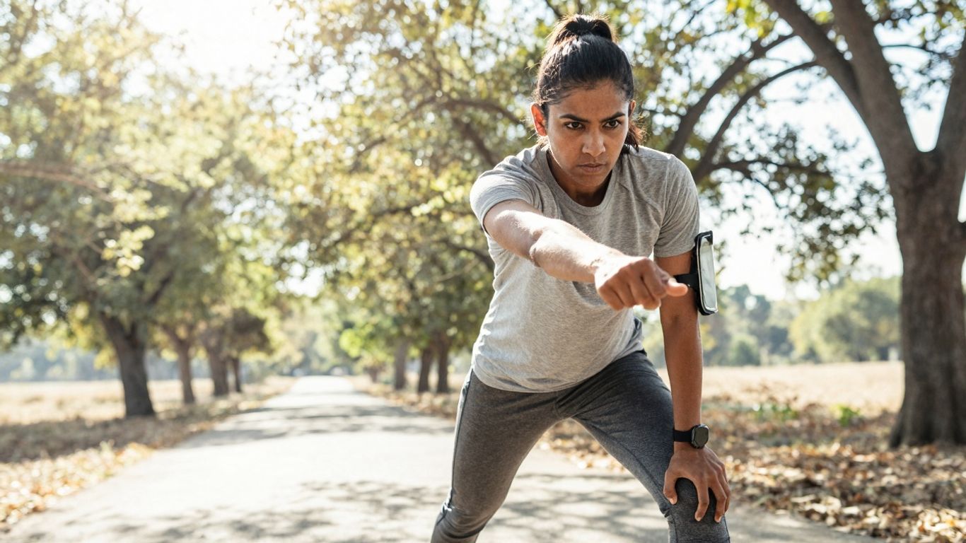 Person dehnt sich im Freien, motiviert für langfristige Bewegung.