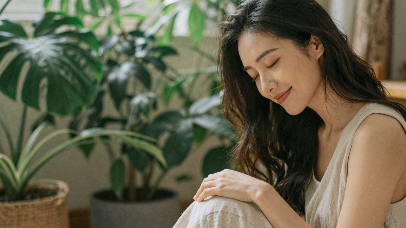 Frau entspannt in ruhiger Umgebung, Selbstfürsorge.