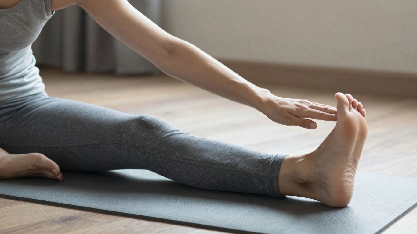 Person dehnt sanft ihr Bein in einem sonnigen Raum.