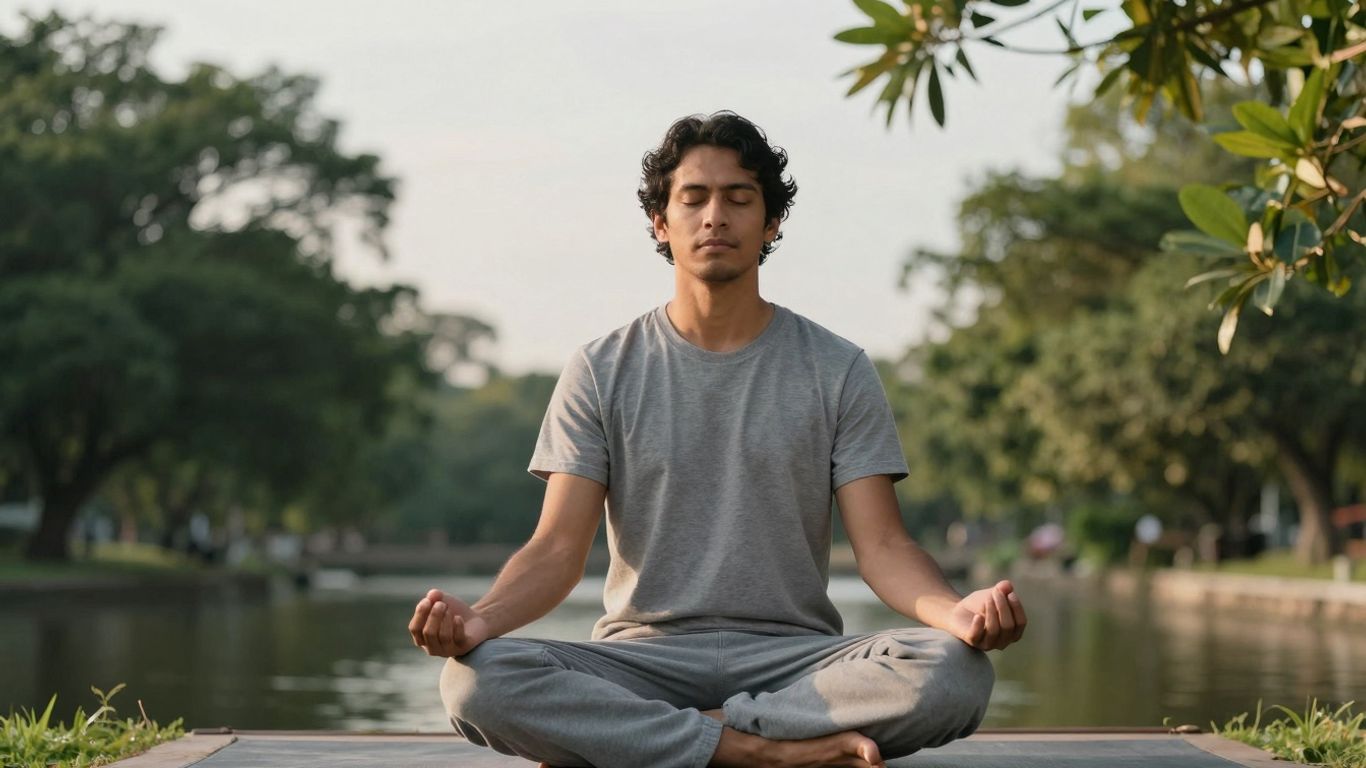Person meditiert friedlich im Freien bei Sonnenlicht.